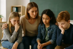Professora acolhendo alunos em luto na escola: como lidar com a morte na escola de forma acolhedora e consciente.